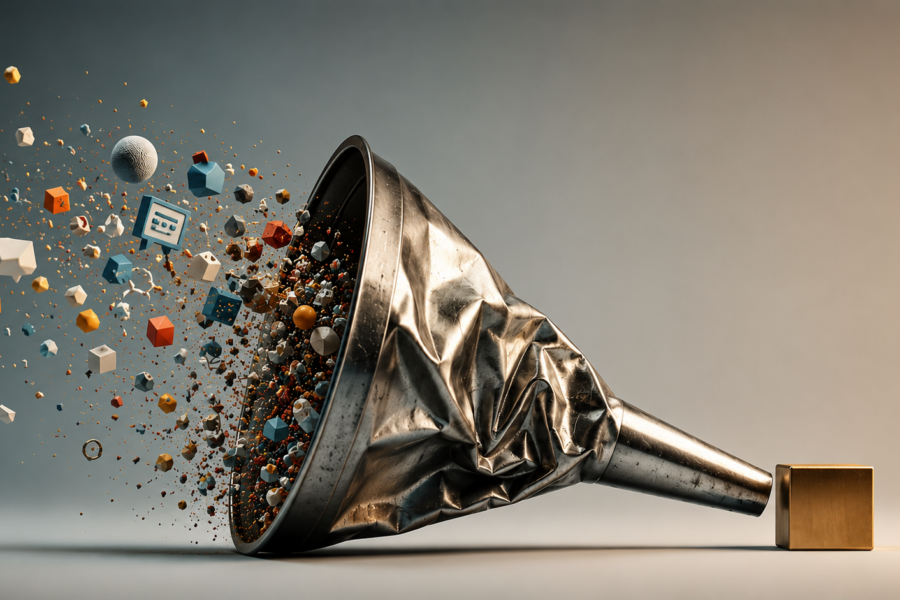 A graphic visual of the marketing funnel collapsing.